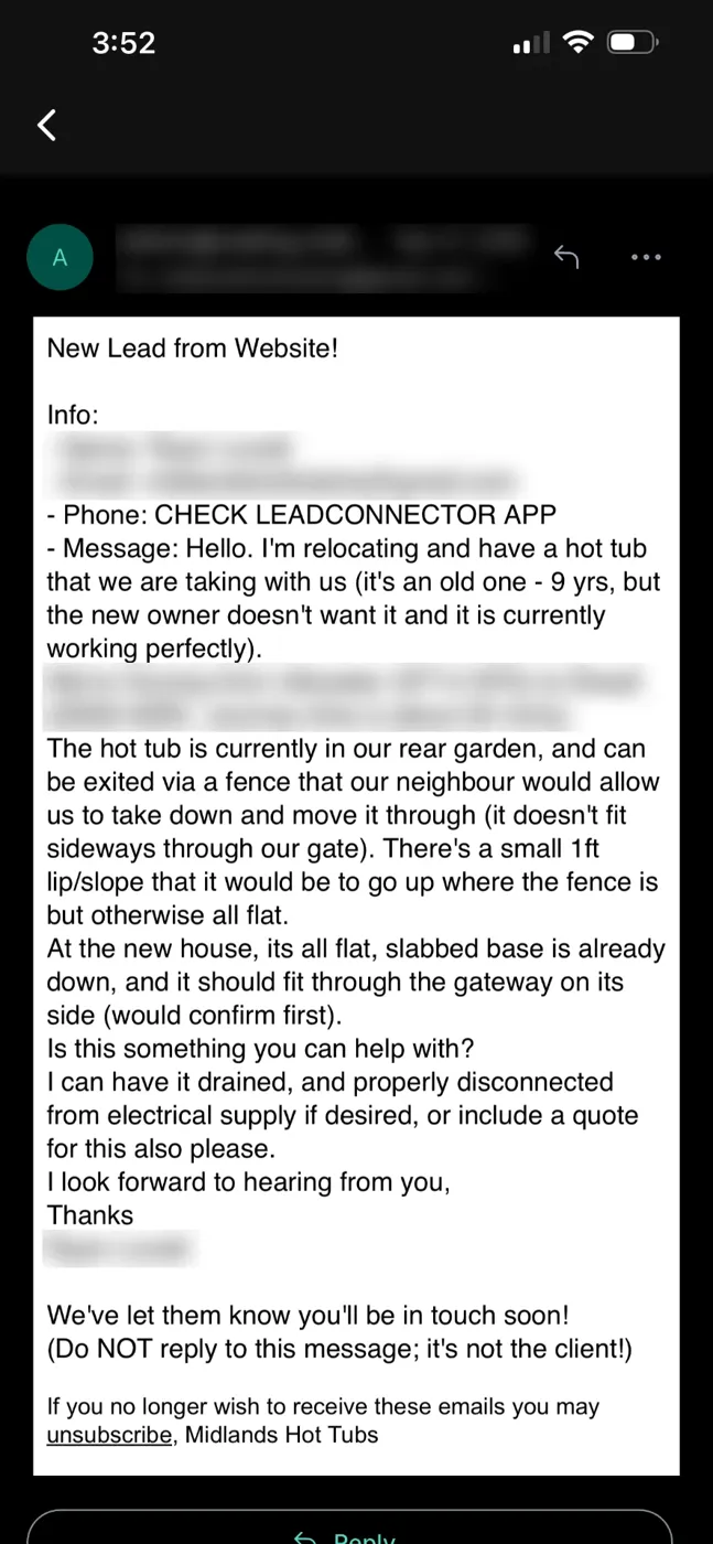 New website lead alert email on a phone