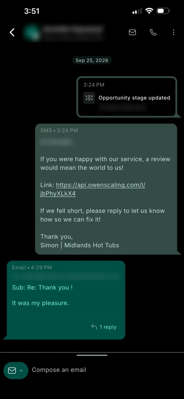 Text message asking a customer for a Google review