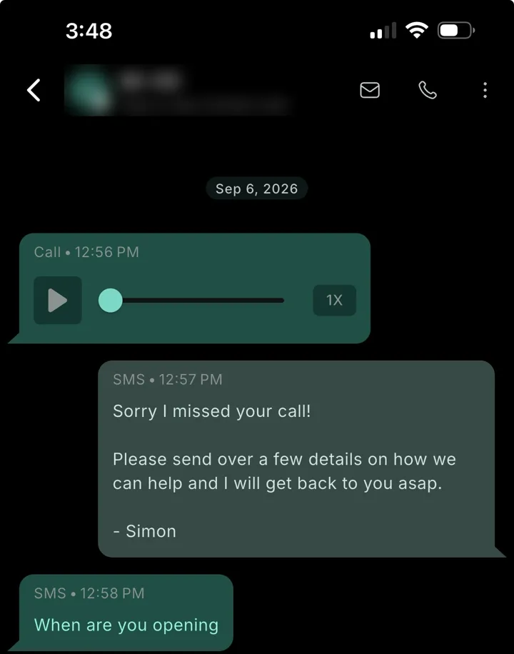Missed call followed by an automatic text and the customer's reply